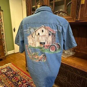 OOAK Blue Denim Shirt with Barn and Tractor Design